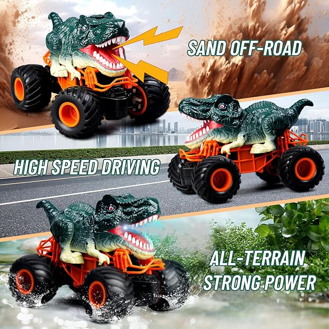 Dinosaur Monster Truck Toys - Remote Control Dinosaur Car, 2.4Ghz RC Truck with Lights, Music & Spray - Electric Hobby RC Cars for Toddlers - Birthday Gift for Kids Boys Girls Ages 2-8 (Green)