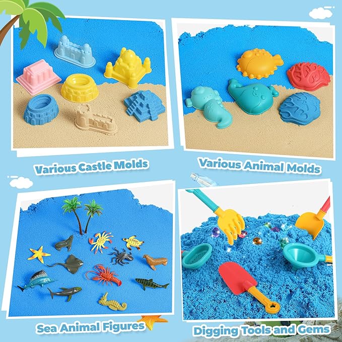 FRUSE Ocean Sensory Bin,Play Sand Art Kit with 2.2lbs Play Sand,12 Sea Animal Toys,Sand Molds,Role Play Beach Toy Sandbox Toys for Toddlers 3 4 5 6 7