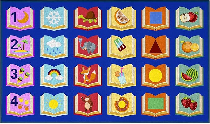 Educational Classroom Rug 7'5"x13' Blue Carpet with 24 Seats Reading Books Kids Playmat Non Slip Seating Rug for Elementary, Preschool, Nursery, Kids Room