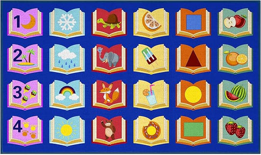 Educational Classroom Rug 7'5"x13' Blue Carpet with 24 Seats Reading Books Kids Playmat Non Slip Seating Rug for Elementary, Preschool, Nursery, Kids Room