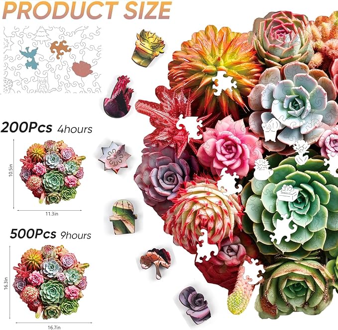 Wooden Puzzles for Adults, Colorful Succulent Puzzle for Mom, Challenging Puzzle, 200 Piece Luxurious Shaped Wooden Puzzles for Family Game Medium 11.3 * 10.5in