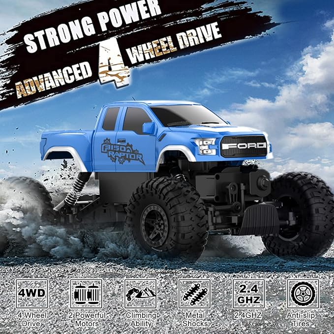 DOUBLE E Ford Raptor F150 RC Car 4WD 2 Motors Monster Trucks for Boys, 11 Inches Off Road Crawler Vehicle Truck Toy for Kids, Blue