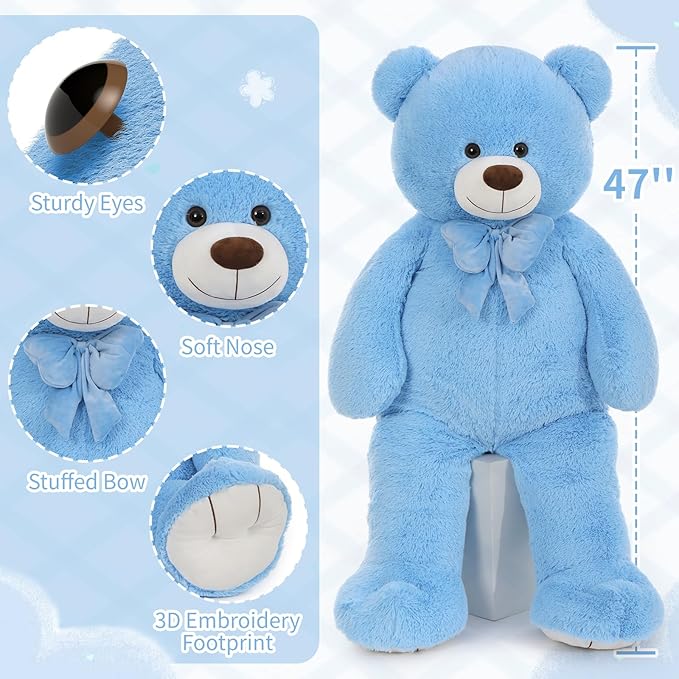 MorisMos Giant Teddy Bear 4 ft Stuffed Animal for Girlfriend,Cuddly Stuffed Big Blue Bear Plush Toy for Valentines,47 inches Big Stuffed Animal Bear Xmas Baby Shower for Boyfriend,Wife,Children