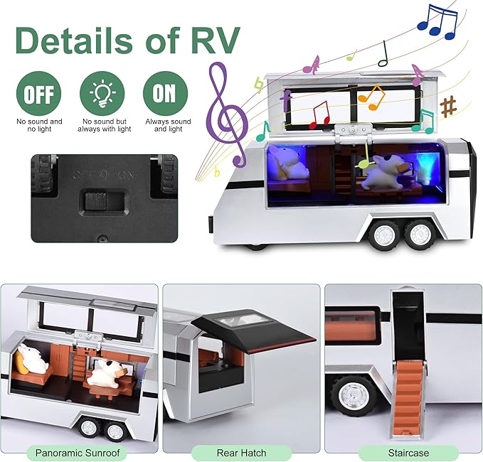 3-in-1 Cybertruck Pickup Sets with RV and Motorcycle，Cyber Truck Pickup Toy with Sounds and Lights, 1/32 Diecast Truck for Kids 3 Year Old and Up, Christmas Birthday Gifts for Boys Girls (Green)