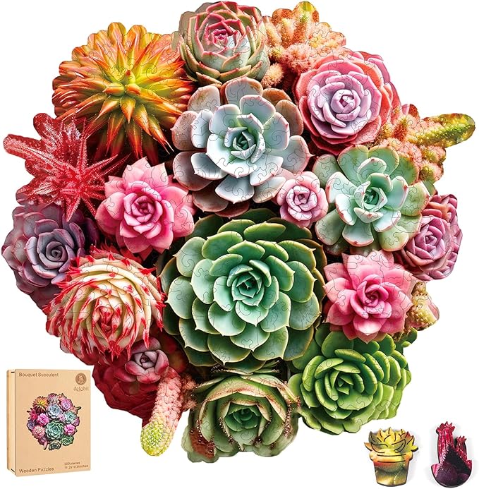 Succulent Bouquet Wooden Puzzles for Adults, 200 Pieces Mandala Round Jigsaw Puzzles, Medium Size Unique Shaped Liberty Wood Puzzle Gift for Kids, Family Game 11.3'' x 10.5''