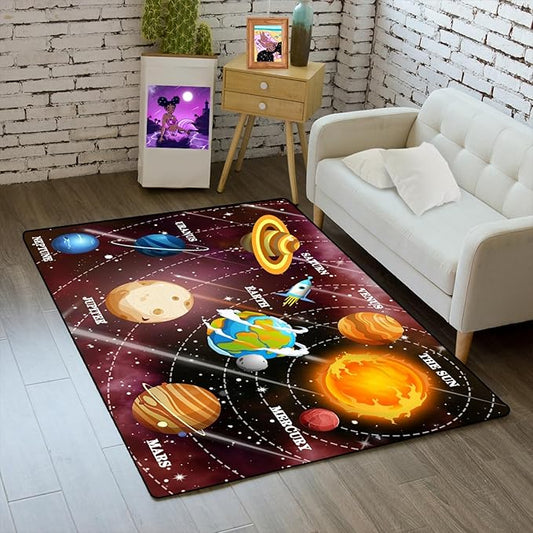Outer Space Rugs Small Size Universe Solar System Planet Theme Carpets Kids Rugs for Playroom Educational Learning Area Rug for Living Room Bedroom Indoor Crystal Polyester Floor Sofa Mats, 2'×3'