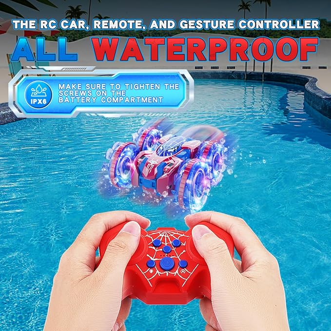 4WD Waterproof RC Car, 2.4 GHz Amphibious Remote Control Car Remote Control Boat for Kids, 360°Rotation RC Truck Stunt Cars with LED Lights, Boys Girls Gifts All Terrain Water Beach Pool Toy
