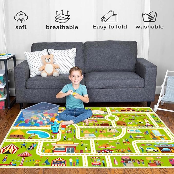 Kids Carpet Playmat Car Play Rug City Life Traffic Road Kids Rug for for Carpet for Bedroom Boys(Lgreen Rug,2.6x3.9ft)