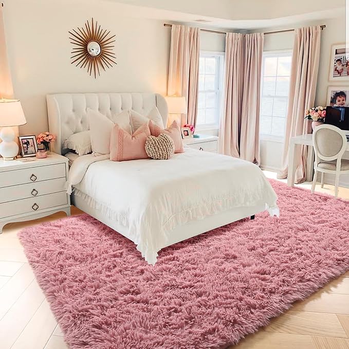 PAGISOFE Shaggy Fluffy Area Rugs Carpets for Girls Room Baby Nursery Teens Rooms 4x6 Feet Pink Plush Fuzzy Shag Rugs for Kids Bedroom Home Decor Aesthetic Coral Furry Rug, Blush