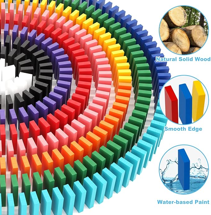 Lewo 1000 PCS Dominoes Set for Kids Wooden Building Blocks Bulk Dominoes Racing Tile Games with Extra 11 Add-on Blocks and Storage Bag