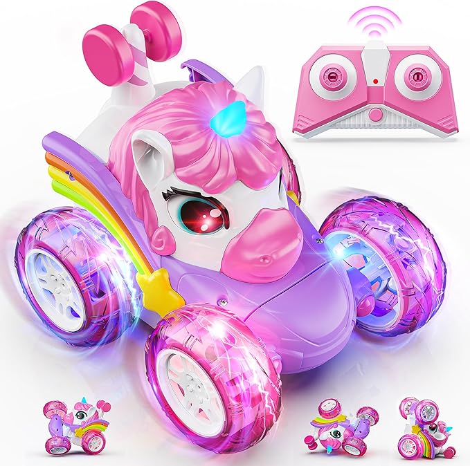 Carsky Remote Control Car RC Stunt Cars for Girl 360°Stunt Rotation 4WD Remote Cars for Kids 3-6 Double Sided RC Car with LED Lights,2.4GHz Electric Toy Car,Birthday Gift for 3 4 5 6 Year Old Girl
