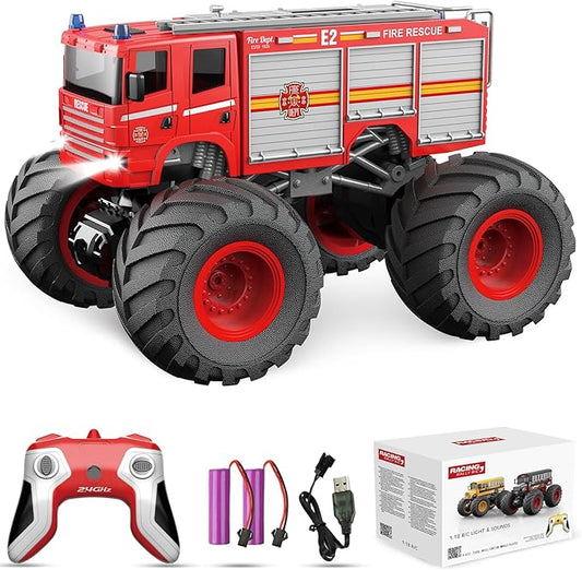 Remote Control Car, RC Fire Truck for Kids, RC Monster Truck Toy 2.4GHz 1:18 Scale Model Vehicle with LED Lights Sounds Racing Sport Toy Car for Adults Boys Girls Kids Gift 2Pcs Batteries