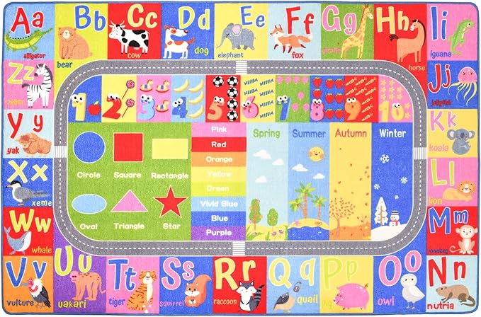 HOMORE Kids Educational Rug, Kids Collection Area Rug for Learning Alphabet, Numbers, Colors, Season and Animal Words, Playmat for Classroom Playroom, 4x6 Feet