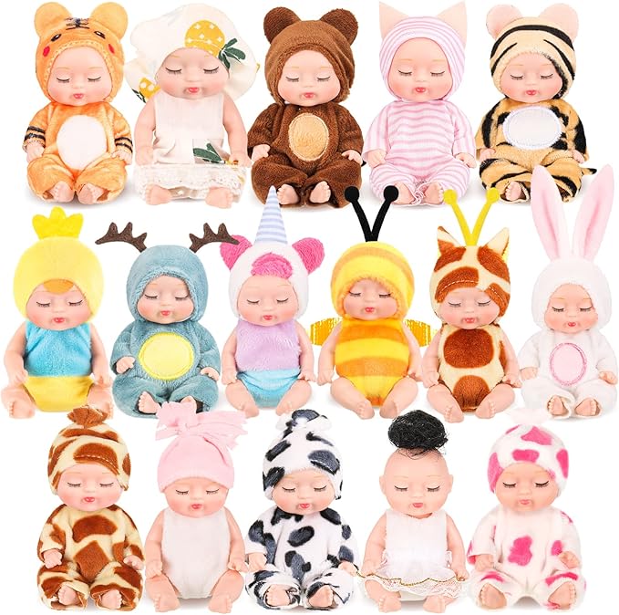 16 Pcs 4 Inch Mini Reborn Baby Dolls Lifelike Realistic Tiny Baby Doll with Animal Clothes Cute Infant Figurine Gifts Set for Teens Girls Boys Toddlers Kids 3+ Birthday Gifts Big Fillers