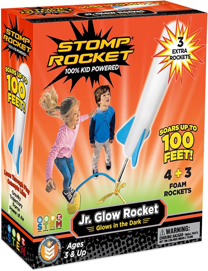 Stomp Rocket Jr Glow Rocket Launcher for Kids, 7 Rockets - Glow in The Dark Fun Backyard & Outdoor Kids Toys Gifts for Boys & Girls -Toy Soft Foam Blaster Set - Multi-Player Adjustable Launcher Stand