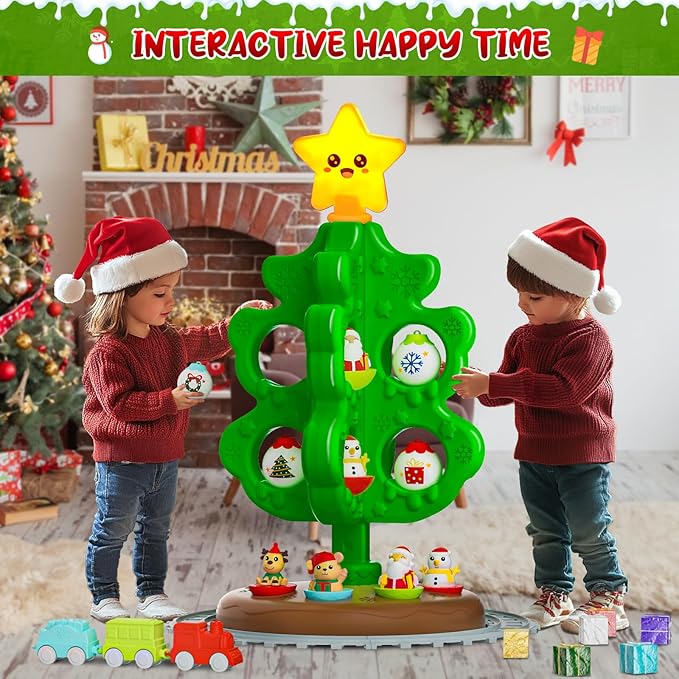 My First Christmas Tree for Kids, Light Up Star Musical Toy Toddler Christmas Tree Decoration Toy Set with Colorful Ornaments DIY Train&Track, Roly Poly Toys, Finger Puppets Xmas Gifts for Boys Girl