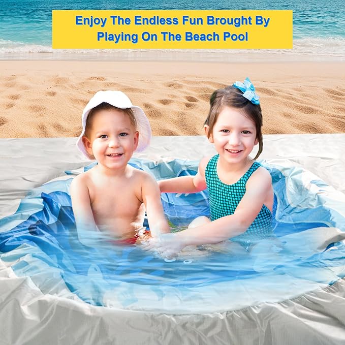 Square Baby Beach Pool, 6.5 X 6.5Ft Portable Cartoon Ocean Theme Toddler Beach Puddle, Waterproof Sandproof 2 in 1 Cute Toddler Paddling Pool Beach Blanket with Carrying Bag for Boys Girls