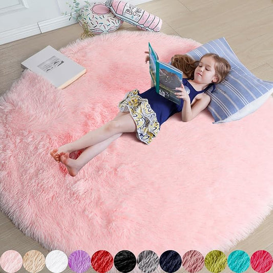 Amdrebio Pink Round Area Rugs 8Ft for Living Room, Bedroom Decor, Soft Large Circle Rug for Kids Room, Teen Girls, Fluffy Big Carpets for Baby Nursery, Dorm, Classroom, Cute Kawaii Princess Carpet