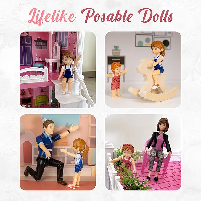 Family Dollhouse People - Doll House People Figures - 5 Poseable Action Figures Incl. Mom, Dad, Sister, Brother, Toddler - Small Dolls for Dollhouse - Dollhouse Dolls (Family)