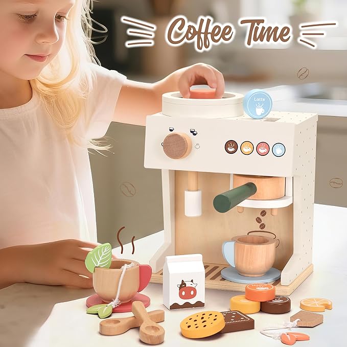 PairPear Wooden Toy Coffee Maker Set for Kids Kitchen, 18 Piece Play Food Coffee Machine Playset, Pretend Play Kitchen Accessories Set for Girls and Boys Ages 3+
