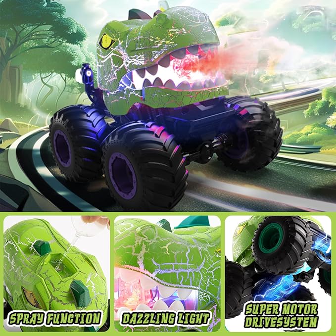 Dinosaur Remote Control Car, 360° Rotating RC Stunt Car Dinosaur Monster Truck Toys with Spray, Light & Sound,2.4GHz All Terrain Indoor/Outdoor Toys for Kids 3-12 Christmas & Birthday (Green)