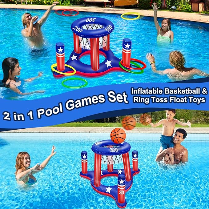American Flag Pool Toys Games for Kids Adult 2-in-1 Floating Basketball Hoop Inflatable Cross Ring Toss Games Set Summer Swimming Pool Water Games Toys