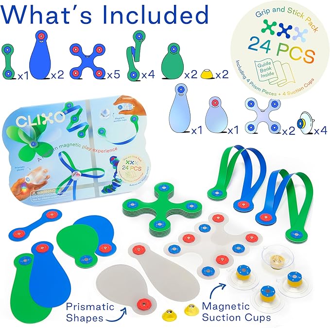 Clixo Window Travel Pack - Fun Magnetic Toy for Kids - 24-Piece Suncatcher Kit with Prisms & Suction Cups for Plane and Car Windows – Portable Rainbow Maker STEM Toy for Creative On the Go Car Playset