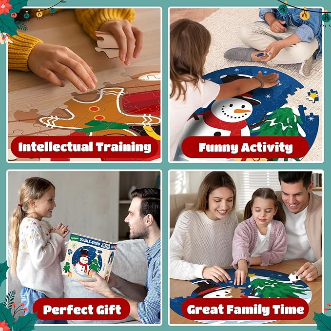 CiyvoLyeen Christmas Floor Puzzles for Kids Ages 3 4 5 6 7 8 Jigsaw Puzzles Penguin and Gingerbread Man Double Sided Large Round Puzzle Gifts Presents for Kids Children Toddler 22" 70 Pieces