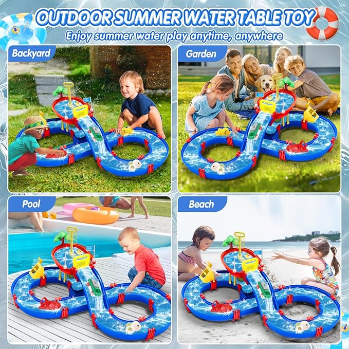 2-Tier Water Table Toys for Kids,61PCS Water Park Playset with Pump,Summer Water Toys Waterways for Backyard Beach Pool Lawn,Outdoor Toy for Toddlers 3-5 4-8, Gifts for Boys Girls