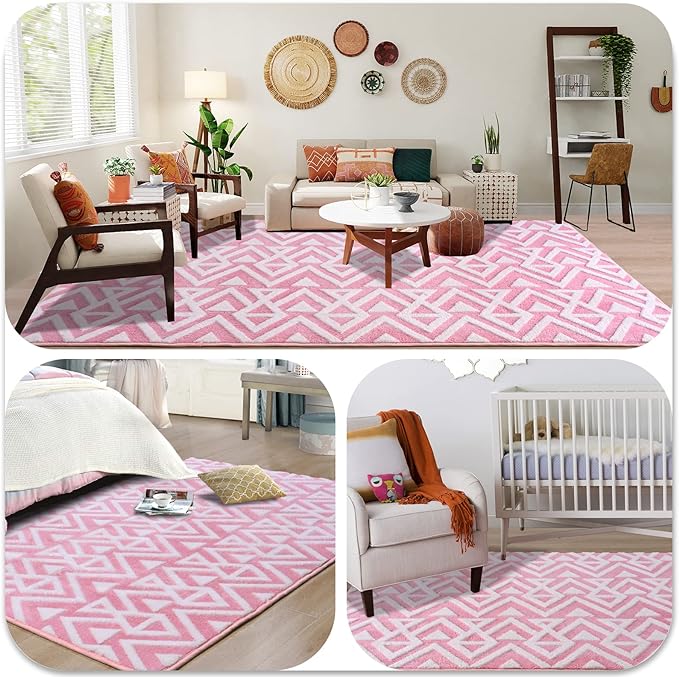 Ompaa Ultra Soft Shaggy Rugs Memory Foam Bedroom Carpet, Pink 5 x 8 Feet, Plush Geometric Textured Area Rugs for Living Room Couch Dorm Bedside Kids Girls Teens Room Nursery Decor Floor Mat