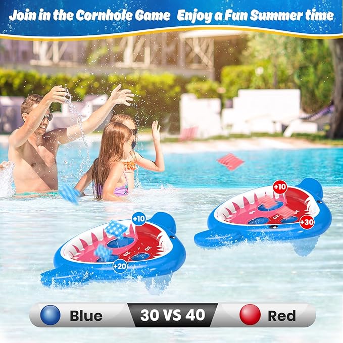 Eaglestone 2 PCS Pool Shark Cornhole Toys for Kids, Inflatable Swimming Pool Toys for Adults Family, 8 Bean Bags Toss Game w/Sandbag Anchor, Floating Outdoor Beach Toys for Pool Game Party, Water Toy