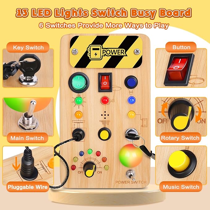 Busy Board Montessori Toys for Toddler, Wooden Sensory Board Switch Toy with Color-Changing LED Light Up Travel Toys Educational Plane Travel Activity for 1-6 Year Old Girls & Boys Gifts