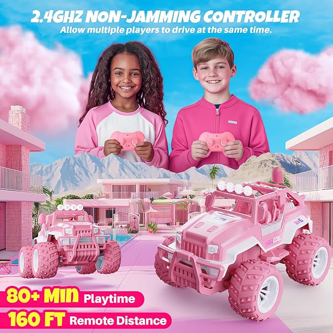 BEZGAR Remote Control Car for Girls - 1:16 Pink RC Cars with 4 Windmills, 2.4GHz with LED Lights, 80 Mins Play with Rechargeable Battery, Truck Jeep Toys for Kids