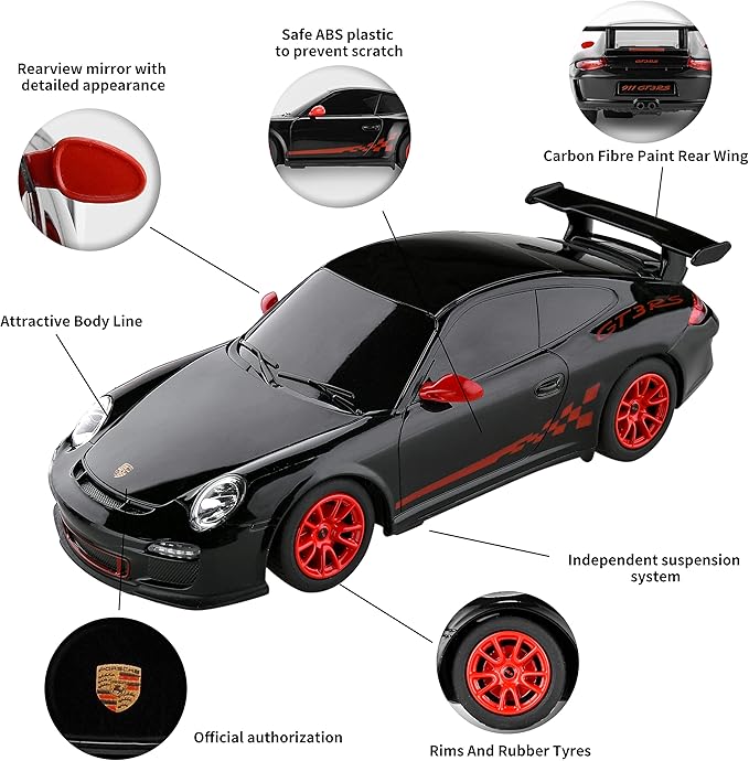 BEZGAR Porsche Remote Control Car - Officially Licensed Porsche 911 GT3 RS Toy Car 1:24 Porsche RC Car Model Vehicle Gift for Boys,Girls,Teens and Adults (39900 Black)