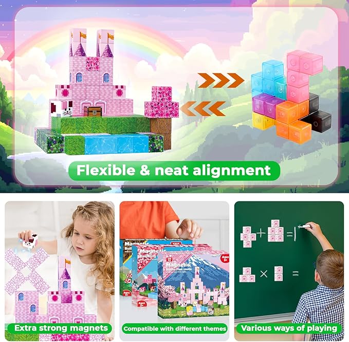 Magnetic Blocks-100PCS Magnetic Building Blocks, Magnetic Castle Princess Castle Garden STEM Magnetic Building Cubes for Toddler Kids Toys, Construction Toys for Kids Ages 3+