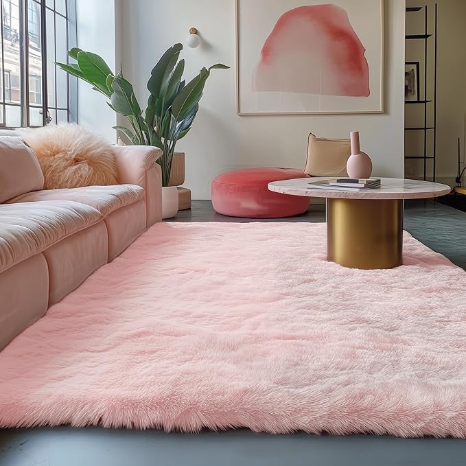 PAGISOFE Pink Fluffy Plush Area Rug 5x8, Kids Shag Rugs for Bedroom Girls, Living Room, Pastel Carpet Nursery Floor Girls Dorm Rug, Plush Soft Kids Rug for Room Decor Aesthetic Kawaii Pink Rugs