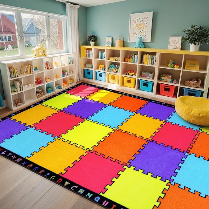 LIVEBOX Classroom Rugs Elementary for Kids, Washable School Learning Area Rugs, Colorful Preschool Children's Classroom Carpet Non-Slip Playroom Rug for Home Learning, 13'x7'5"(Seats-24)