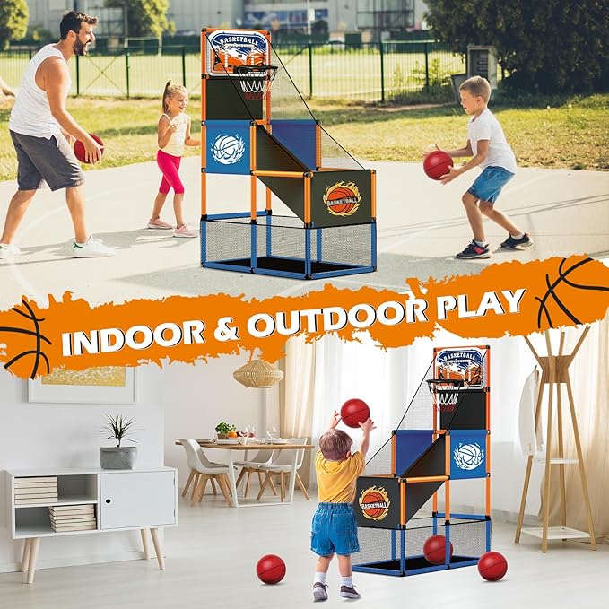 Arcade Basketball Game Set for Kids 3-12 – Indoor & Outdoor Basketball Hoop with 4 Balls, Adjustable Height, LED Scoring, Air Pump & Storage – Fun Sports Toy for Boys & Girls Ages 4-8, 8-12