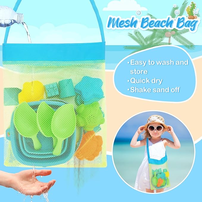 Collapsible Foldable Beach Sand Buckets and Shovels Set - Beach Toys for Kids with Mesh Bag & Sand Molds, Silicone Beach Sand Pails for Travel, Kids and Toddlers