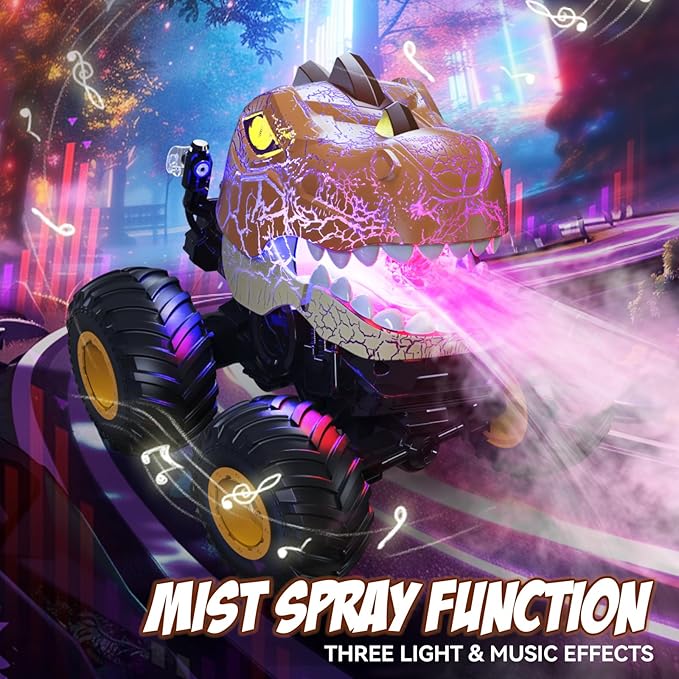 Remote Control Dinosaur Monster Truck, 2.4Ghz RC Stunt Cars for Kids 3-5 with Spray/Lights/Music, Outdoor Toys Dinosaurs Car for 4 6 7 8 Years Old Boys & Girls Christmas Birthday Gifts Ideas