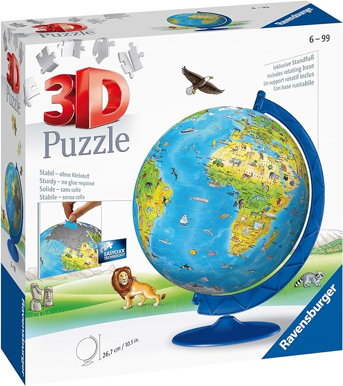 Ravensburger Children's World Globe 180 Piece 3D Jigsaw Puzzle | Easy Click Technology | Displayable Art | Perfect for Kids and Adults | 10.5 in Diameter