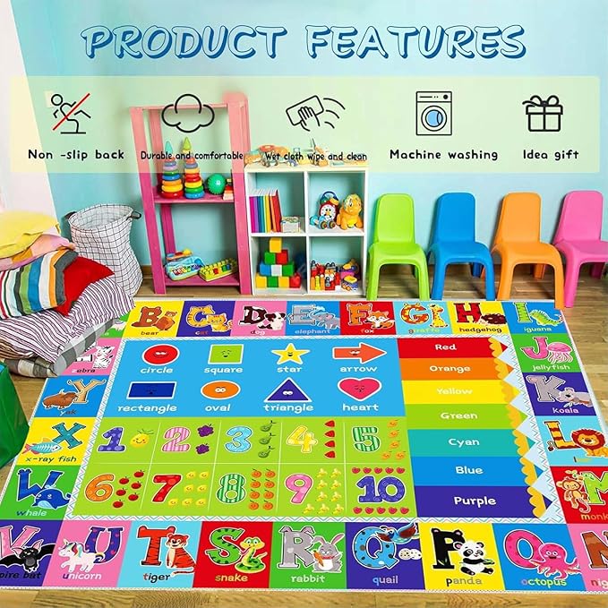 ABC Play Carpet for Kids – Extra Large Preschool Rug with ABCs, Numbers, Animals, and Colors for Playroom & Classroom - (110X78.7 Inches)