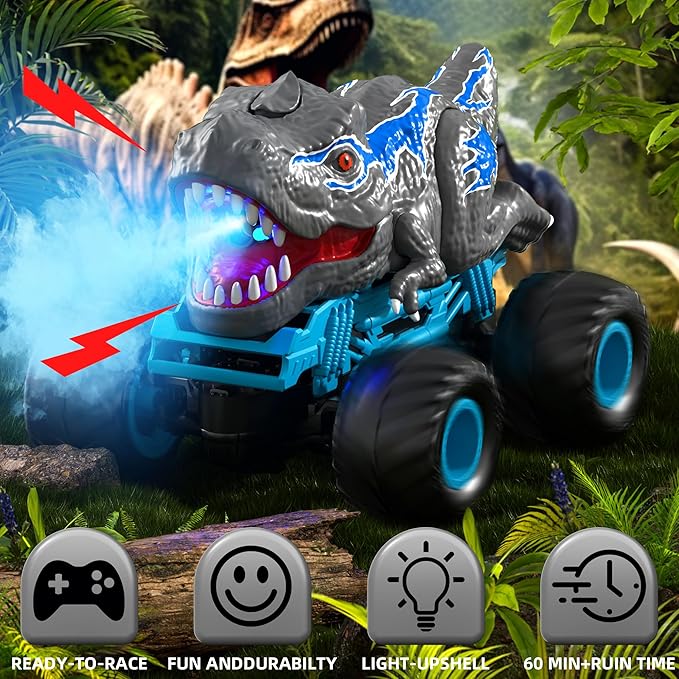 Remote Control Dinosaur Car for Boys Kids, 2.4Ghz RC Dinosaur Truck for Toddlers, Electric Hobby RC Car Toys with Light & Sound Spray Christmas Birthday for 3 4 5 6 7 8 Year olds Kids Boys