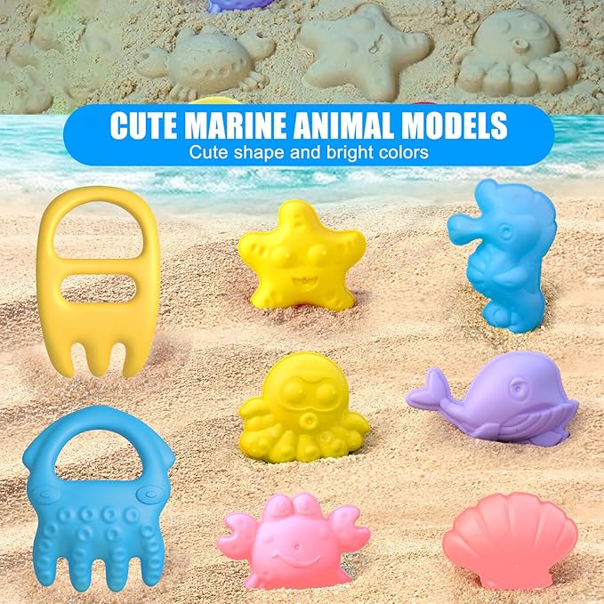 Dollox Kids Beach Wagon with Sand Toys - 12 Pieces, Water Wheel, Bucket, Watering Can, Marine Animal Sand Molds - Kids Beach Bucket Toy Outdoor Fun Play Set Beach Sand Toys for Toddlers & Kids