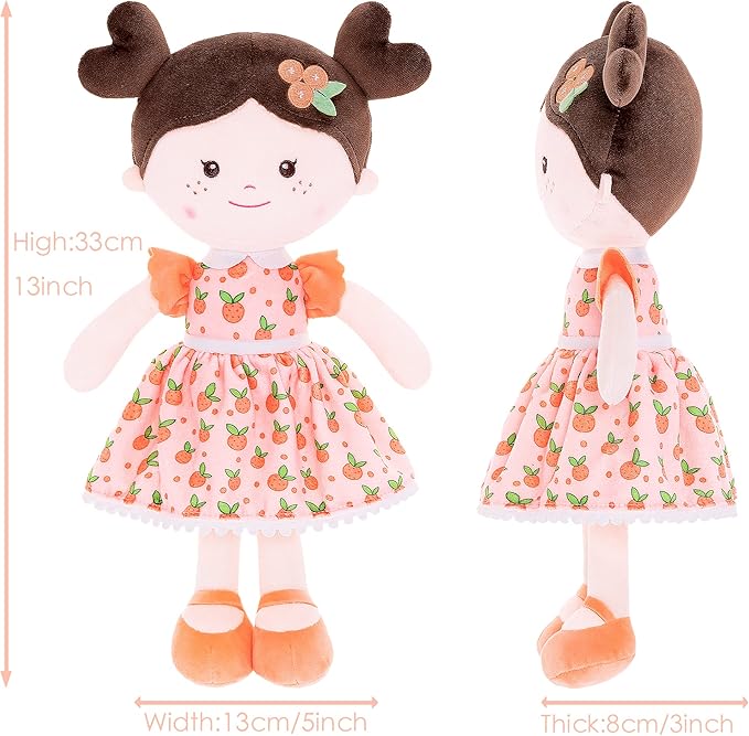 Onetoo Baby Soft Dolls Girls First Baby Doll Sleeping Cuddle Buddy Dolls Plush Rag Doll for Girls Wear Orang Dress 14"