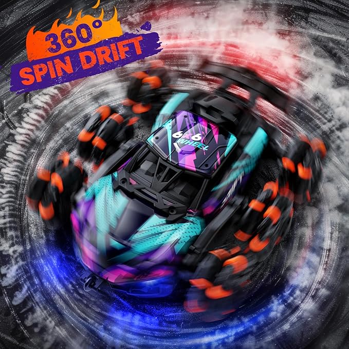 2370 Six-Wheel RC Stunt Car,6WD Cool Drift Remote Control Car,Double-Sided Driving,360° Flips Rotating,with Spray and Light Effects,Toys for Ages 8-13 Kids,Ideal Gift for Boys and Girls