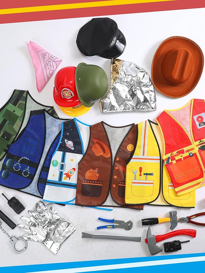 Hungdao 6 Sets Kids Boys Girls Dressing up Costumes, Toddler Dressing up and Pretend Play for Age 6-10 Dress up Firefighter, Construction Worker, Explorer, Astronaut, Cowboy, Policeman