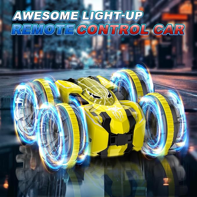 Waterproof Remote Control Car，4WD Amphibious 2.4 GHz RC Car Remote Control Boat，360°Rotation RC Stunt with LED Lights，Boys Girls Gifts All Terrain Water Beach Pool Toy Yellow