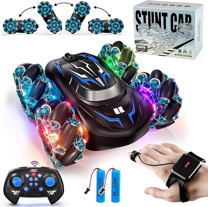 2.4GHz RC Stunt Car,4WD Double-Sided Gesture Sensing RC Cars,360°Flips Remote Control Car with Lights and Music for Boys Kids Birthday Gifts Age 6-12 Year Old (Blue