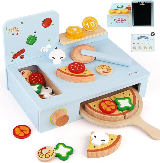 Wooden Pizza Play Set – 24 PCS Slice‑&‑Serve Pretend Play Pizza Toy, Hook‑and‑Loop Cutting, Montessori Kitchen Role Play, Wooden Play Food Gift for Toddlers Ages 3‑6
